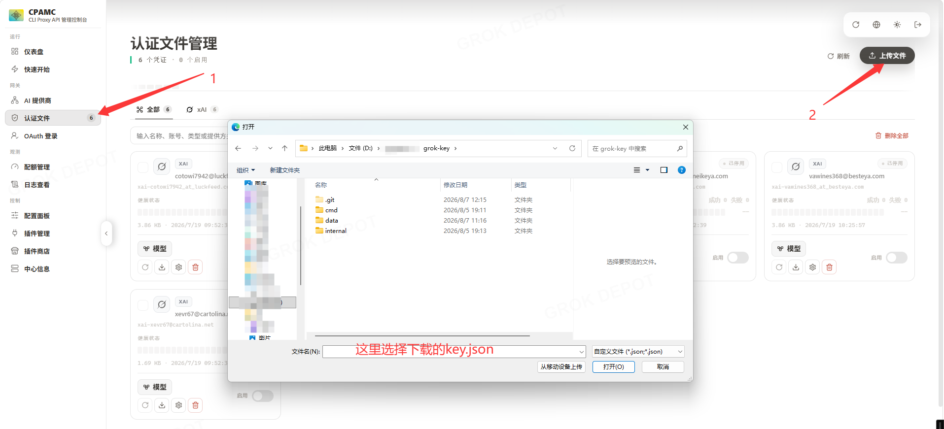 CPA 管理控制台认证文件页面上传 JSON